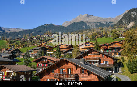 Grindelwald, Switzerland - Oct 21, 2018. Mountain town in Grindelwald, Switzerland. Grindelwald was one of the first tourist resorts in Europe. Stock Photo