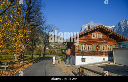 Grindelwald, Switzerland - Oct 21, 2018. Mountain town in Grindelwald, Switzerland. Grindelwald was one of the first tourist resorts in Europe. Stock Photo