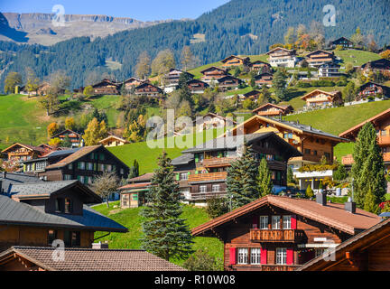 Grindelwald, Switzerland - Oct 21, 2018. Mountain town in Grindelwald, Switzerland. Grindelwald was one of the first tourist resorts in Europe. Stock Photo