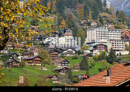 Grindelwald, Switzerland - Oct 21, 2018. Mountain town in Grindelwald, Switzerland. Grindelwald was one of the first tourist resorts in Europe. Stock Photo