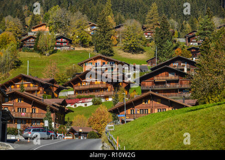 Grindelwald, Switzerland - Oct 21, 2018. Mountain town in Grindelwald, Switzerland. Grindelwald was one of the first tourist resorts in Europe. Stock Photo