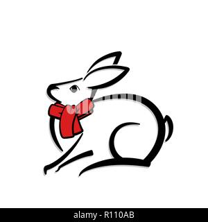 Abstract icon of a rabbit. Black and white simple logo. Vector illustration. Red scarf. Stock Vector
