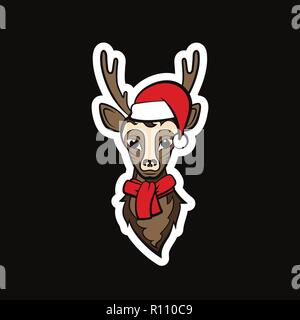 Head of a reindeer. Drawing on a black background. Vector illustration sticker. Christmas animals. Stock Vector