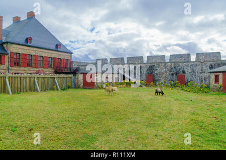 Louisbourg, Canada - September 20, 2018: Historic buildings and farm animals in the fortress of Louisbourg, Cape Breton island, Nova Scotia, Canada Stock Photo