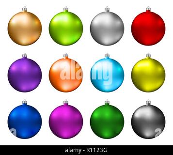 Colorful christmas baubles. Color spectrum of christmas balls isolated on white background. Photorealistic high quality vector. Stock Vector