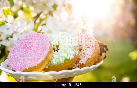 Different assorted doughnuts with different frosting on white fancy tray, pink sugary sparkles and sprinkles outdoors in summer night. Eating outdoors Stock Photo