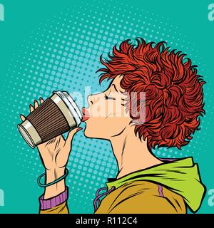 modern woman drinks a paper Cup of coffee. Girls 80s Stock Vector