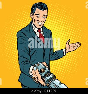 businessman shaking hands with robot, new technology Stock Vector