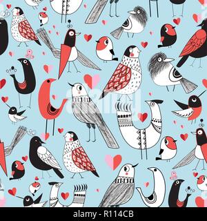 Graphic seamless pattern of funny pictures of birds on a light background. Stock Vector