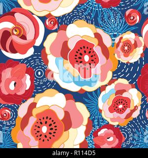 Seamless vector bright multicolored super flowers pattern on a dark background. An example for the design of booklets, business cards and wallpapers Stock Vector