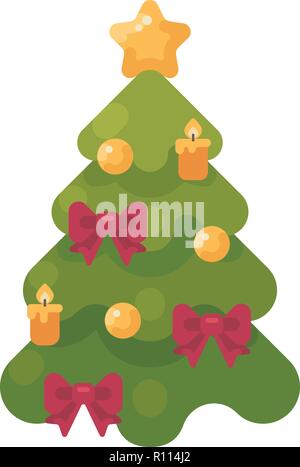 Christmas tree decorated with baubles, ribbons and candles. New year flat icon Stock Vector