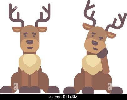 Cute deer sitting down. Christmas character flat illustration. Reindeer tired after work Stock Vector