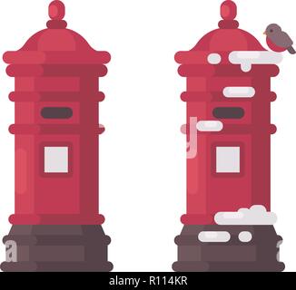 Two red vintage mailboxes with snow. Old postboxes waiting for letters to Santa Stock Vector