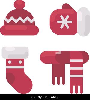 Set of winter clothes flat illustration. Hat, mitten, stocking and scarf. Christmas flat icons Stock Vector