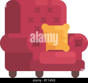 Cozy red armchair with orange pillow. Home furniture flat illustration Stock Vector