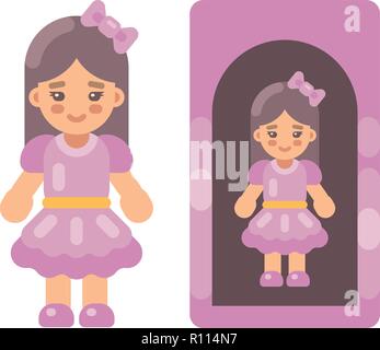 Cute doll in pink dress in a box flat icon. Little girl flat illustration Stock Vector