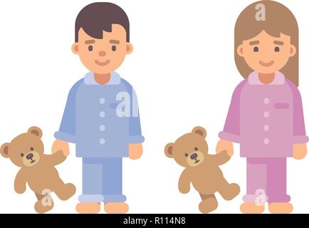 Two cute little kids in pajamas holding teddy bears. Boy and girl flat illustration Stock Vector