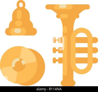 Set of shiny gold musical instruments. Cymbals, bell and trumpet flat illustration Stock Vector