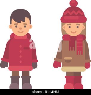 Two cute little kids in winter clothes. Christmas children characters. Valentines day cute couple flat illustration Stock Vector