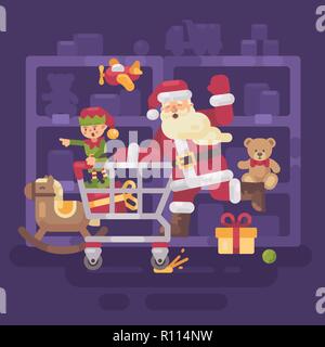 Santa Claus riding a shopping cart with his elf in a toy supermarket. Christmas flat illustration Stock Photo