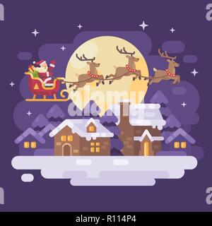 Santa Claus flying over the snowy night winter village landscape in a sleigh drawn by three reindeer. Christmas flat illustration Stock Photo