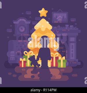 A boy with a teddy bear silhouette against a bright shining Christmas tree with presents at night in a cozy room with a fireplace, an armchair and gra Stock Vector