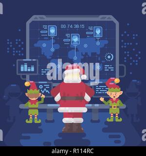 Santa Claus and his elves at Santa's control room looking at a big screen with interactive map of naughty and nice children around the world. Christma Stock Vector