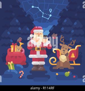 Santa Claus and his reindeer lost their way in the forest and Santa is trying to find their location with GPS on his smartphone. Christmas flat illust Stock Vector