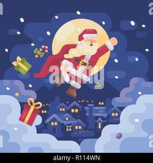 Santa Claus flying over a mountain village in a superhero cape on a snowy winter night. Christmas character greeting card flat illustration Stock Photo