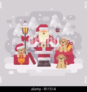 Cheerful Santa Claus with three puppies and a bag of presents standing in a white winter forest. Christmas greeting card. Winter background flat illus Stock Photo