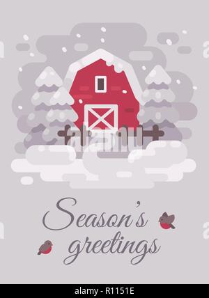 Red barn with trees in a winter country landscape. Christmas greeting card flat illustration. Seasons greetings Stock Vector