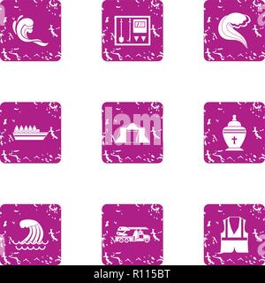 Recovery on water icons set, grunge style Stock Vector