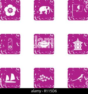 Online asia icons set, grunge style Stock Vector