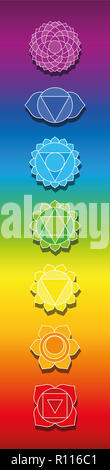 Seven chakras on rainbow colored background. Bookmark format illustration of spiritual, healing symbols. Stock Photo