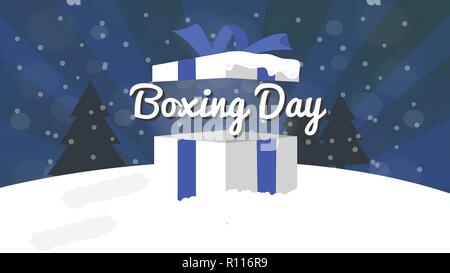 Boxing Day Sale Design with Gift Box, Snowfall, and Bokeh Effect. Stock Vector