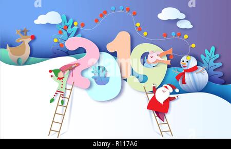 2019 New Year design card with Santa Claus, Snowman, Reindeer and elf on blue sky background. Vector illustration. Paper cut and craft style. Stock Vector