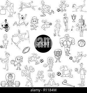 Black and White Cartoon Illustration of People Characters and Sport Disciplines Large Set Stock Vector