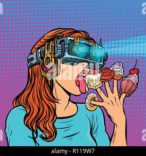 woman in virtual reality glasses eating sweets Stock Vector
