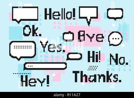 white 8 bit speech bubbles set, pixel short phrases Stock Vector
