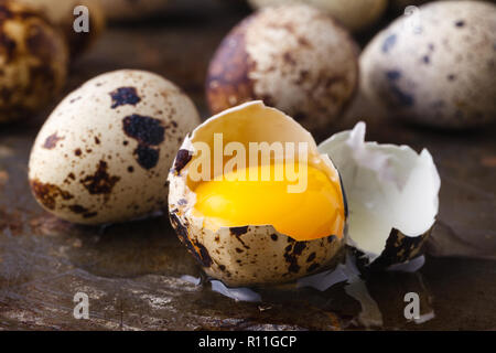 Egg yolk in brocken quail eggs on rustic table Stock Photo
