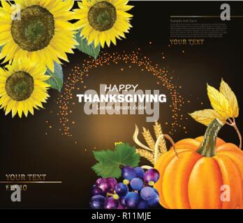 Happy Thanksgiving card sunflowers and pumpkin Vector realistic Stock Vector