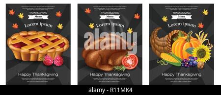 Happy thanksgiving turkey, pie menu templates Vector. 3d detailed food illustration Stock Vector