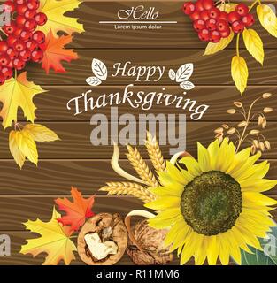 Happy thanksgiving card Vector. Fall leaves over wooden background. 3d detailed symbols illustration Stock Vector
