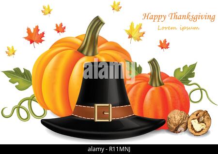 Thanksgiving card with traditional hat Vector realistic. 3d detailed illustrations. pumpkin decor Stock Vector