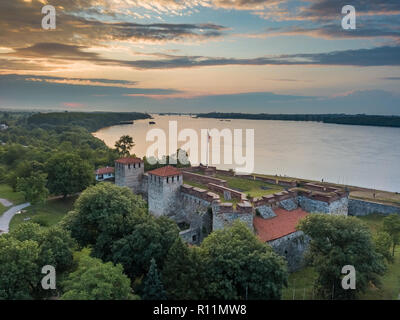 Baba Vida Castle in Vidin, Bulgaria - amazing medieval fortress on the shore of Danube river - beautiful drone shot Stock Photo