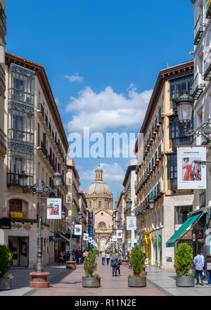 Shops on Calle de Alfonso I looking towards Plaza del Pilar, Zaragoza, Aragon, Spain. Stock Photo