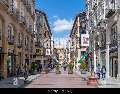 Shops on Calle de Alfonso I looking towards the Plaza del Pilar, Zaragoza, Aragon, Spain. Stock Photo