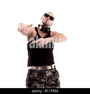stylish rap artist with black glasses.isolated on white background. Stock Photo