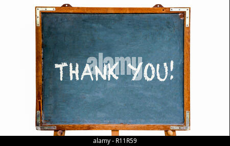 Thank you! text message in white chalk letters written on a school blue old grungy vintage wooden chalkboard or blackboard with frame and stand isolat Stock Photo