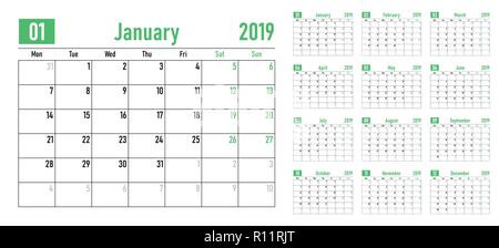 Calendar planner 2019 template vector illustration all 12 months week starts on Monday and indicate weekends on Saturday and Sunday Stock Vector